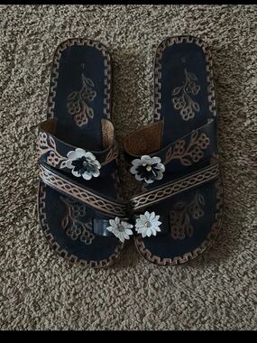 Women's Navy Floral Leather Slide Sandals with White Accents